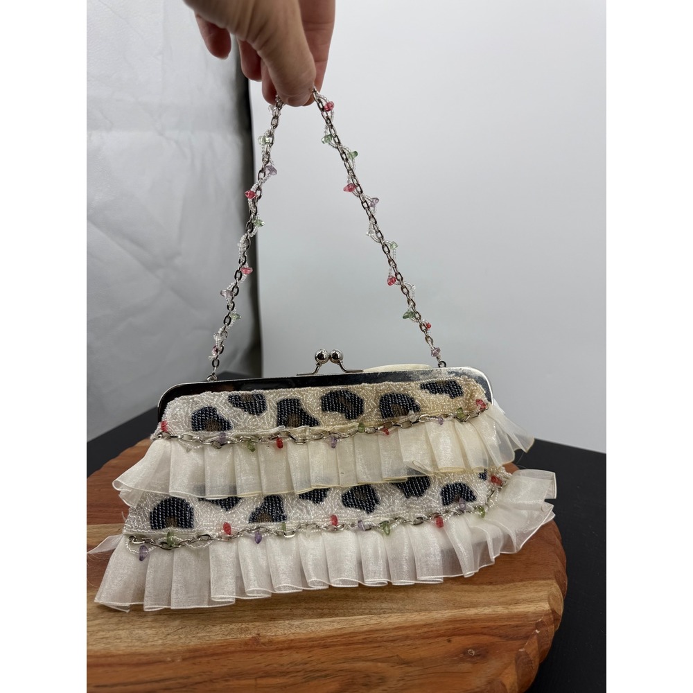 Ebisu Leopard Print Beaded Ruffle Clutch Bag Women OS Cream Black Y2K Evening
